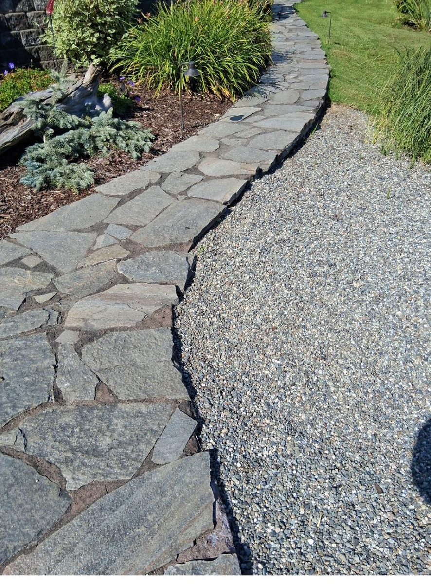 Natural stone border along gravel path
